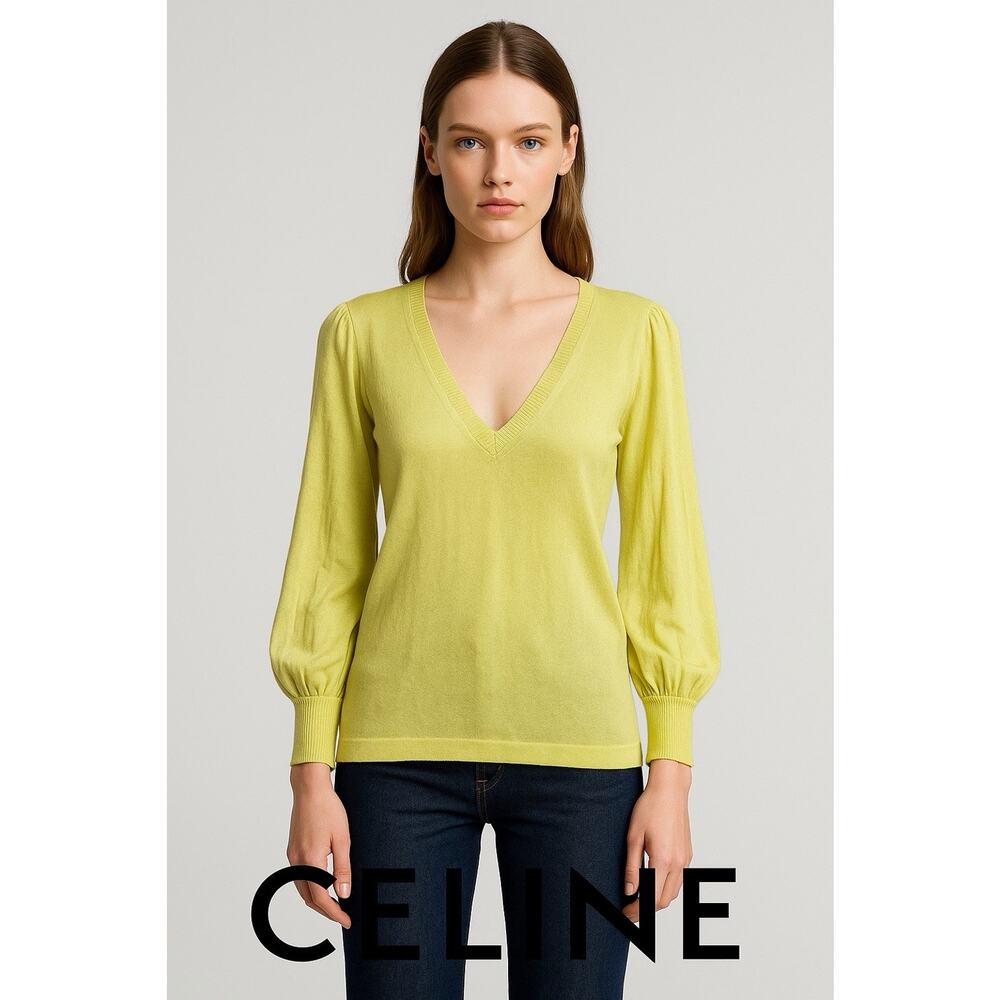 CELINE Paris Silk Cashmere V-Neck Knit Top Womens Lg Yellow Citrus Puff Sleeves
